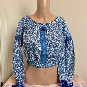 Poupette St. Barth Blue Floral Cropped Peasant Top